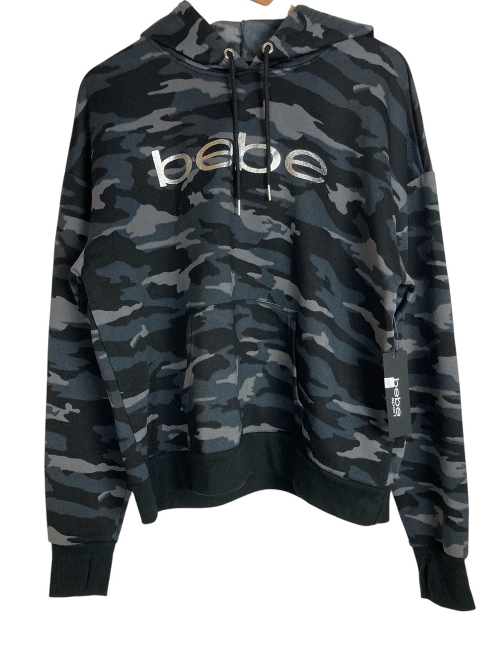 NEW bebe Women's Black Gray Camo Hoodie, Size 2X